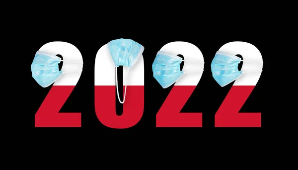 蒙面编号2022的背景下的波兰国旗 — 图库照片