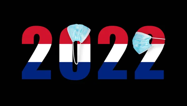 Flagga Holland Mot Bakgrund Siffrorna 2022 Masken Från Covid — Stockfoto
