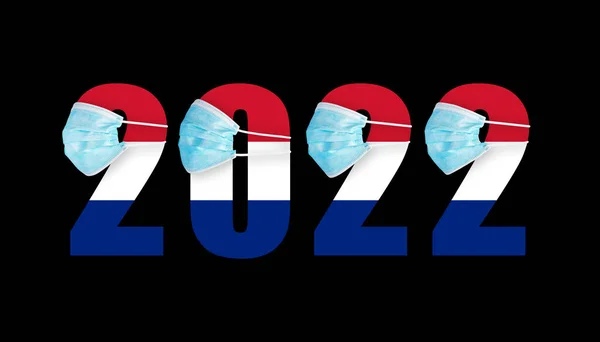 Σημαία Ολλανδίας Φόντο Τους Αριθμούς 2022 Στη Μάσκα Από Covid — Φωτογραφία Αρχείου