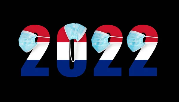 Drapeau Hollande Sur Fond Des Numéros 2022 Dans Masque Covide — Photo