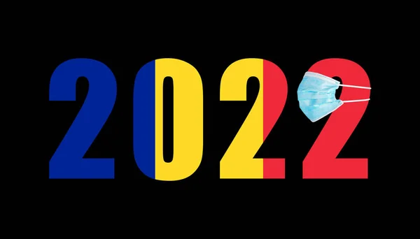 Drapelul României Fundalul Numerelor 2022 Mască Covid — Fotografie, imagine de stoc