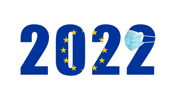 Flaga Unii Europejskiej Tle Numerów 2022 Masce Covid — Zdjęcie stockowe