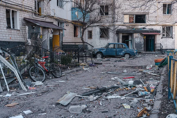 Borodianka Região Quiiv Ucrânia Março 2022 Edifícios Civis Destruídos Pelos — Fotografia de Stock