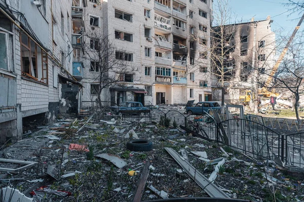 Borodianka Região Quiiv Ucrânia Março 2022 Edifícios Civis Destruídos Pelos — Fotografia de Stock
