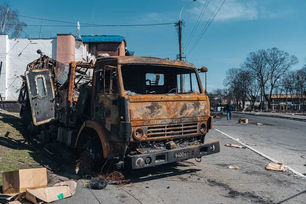 Kyiv Regió Ukrajna 2022 Március Katonai Polgári Járművek Megsemmisítése Csatában — Stock Fotó