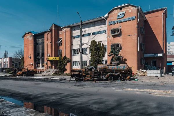 Región Kyiv Ucrania Marzo 2022 Vehículos Militares Civiles Destruidos Batalla — Foto de Stock