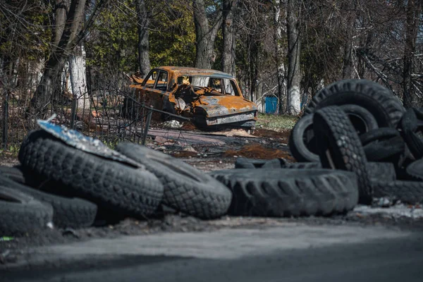 Kyiv Regió Ukrajna 2022 Március Katonai Polgári Járművek Megsemmisítése Csatában — Stock Fotó