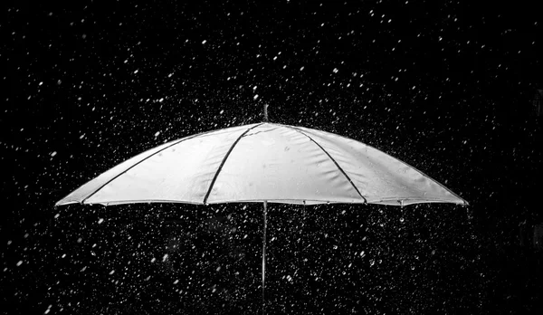 Ombrello sotto gocce di pioggia in bianco e nero — Foto Stock