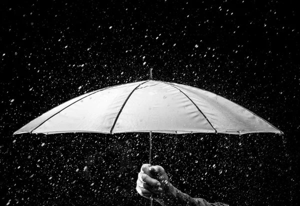 Ombrello sotto gocce di pioggia in bianco e nero — Foto Stock