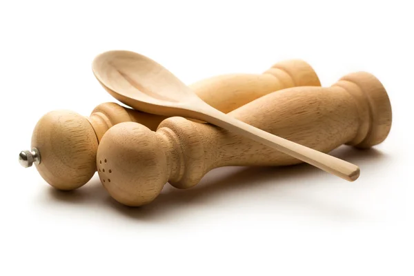 Wooden salt and pepper set with spoon — Stock Photo, Image