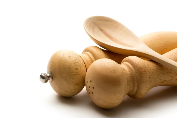 Wooden salt and pepper set with spoon — Stock Photo, Image