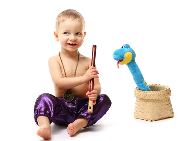 Charmer boy with pipe and snake — Stock Photo, Image