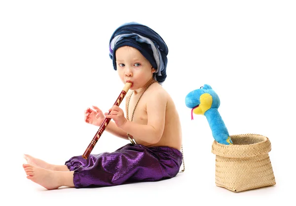 Charmer boy with pipe and snake — Stock Photo, Image