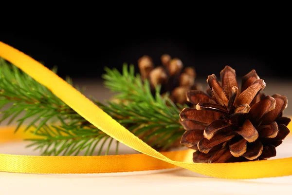 Twig of evergreen fir and cone with ribbon — Stock Photo, Image