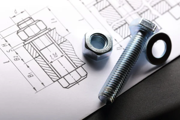 Drafting and screw bolt with nut — Stock Photo, Image