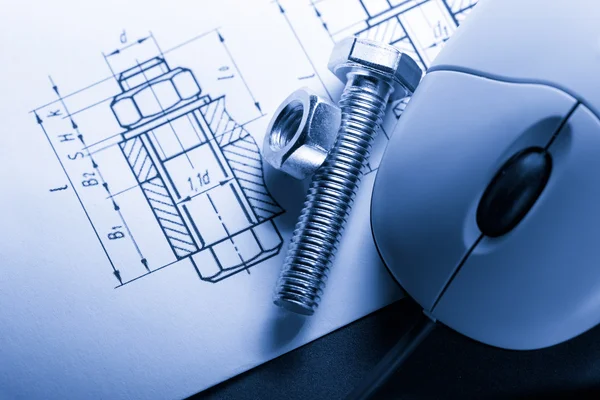 Drafting, mouse and screw bolt with nut — Stock Photo, Image