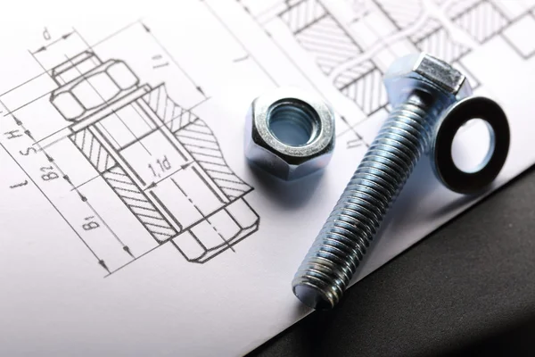 Drafting, and screw bolt with nut — Stock Photo, Image