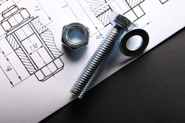 Drafting, and screw bolt with nut — Stock Photo, Image