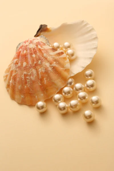 Scattering white pearls in seashell — Stock Photo, Image