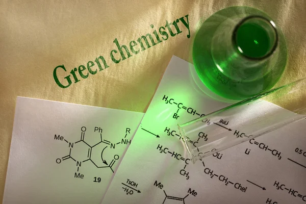 Green chemistry with reaction formula — Stock Photo, Image