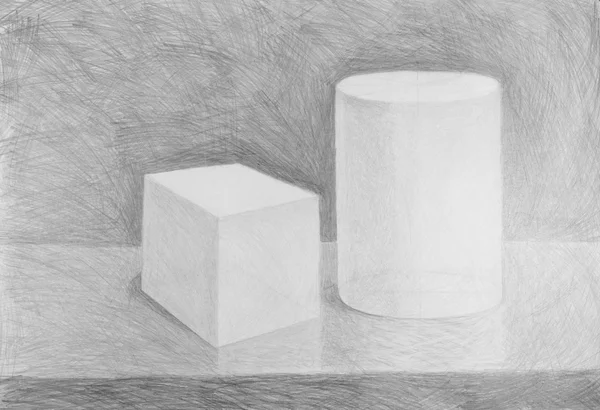 Малюнок олівця куба і циліндра — стокове фото