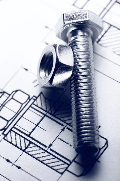 Drafting, screw bolt with nut — Stock Photo, Image