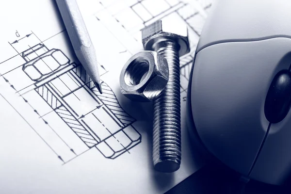 Drafting, mouse and screw bolt with nut — Stock Photo, Image