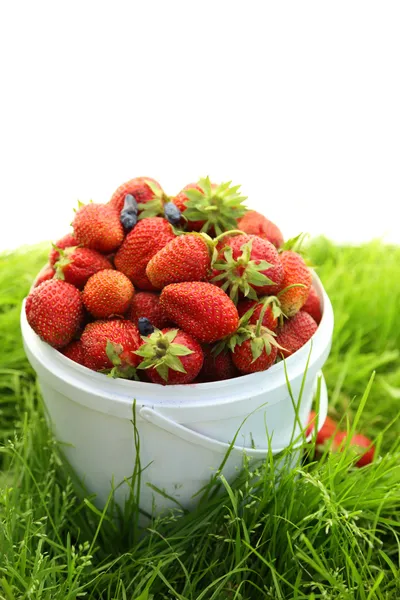 Ripe strawberry in basket on grass Stock Picture
