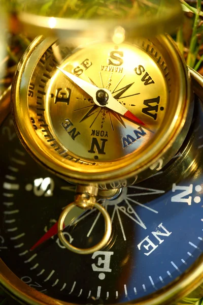 Dva zlaté kompasy na zelené trávě — Stock fotografie