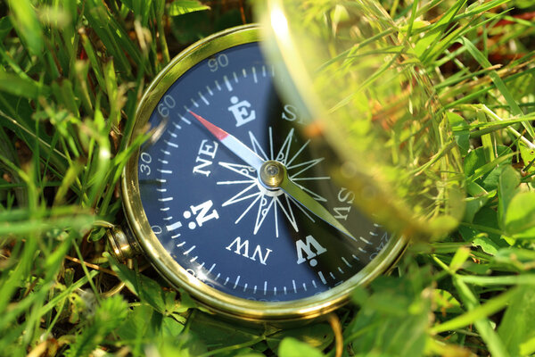 Золотой компас на зеленой траве
