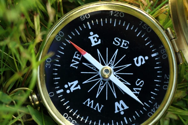 Zlatý kompas na zelené trávě — Stock fotografie
