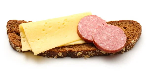 Sandwich with slice of cheese and cervelat — Stock Photo, Image