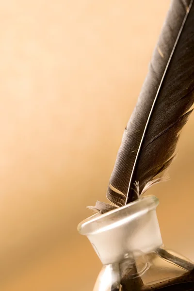 Feather and ink bottle isolated on paper background — Stock Photo, Image