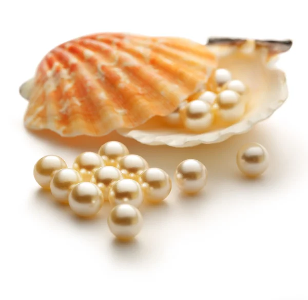 Scattering white pearls in seashell — Stock Photo, Image