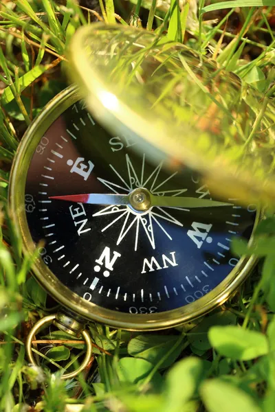 Gouden Kompas op groen gras — Stockfoto