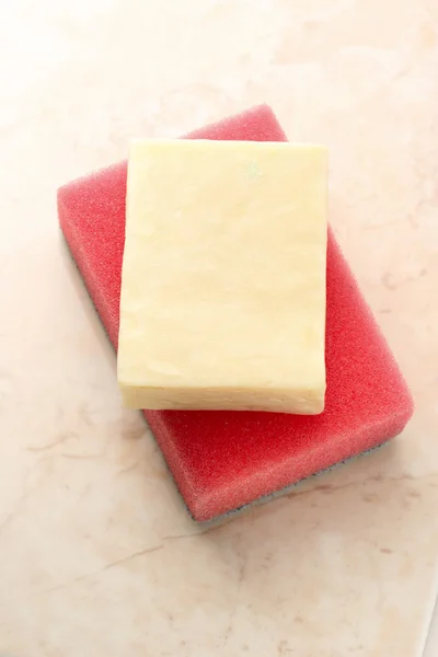 Bar of soap and sponge — Stock Photo, Image