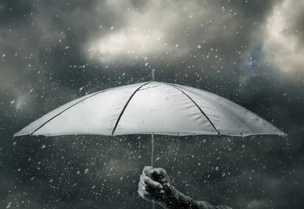 Umbrella in hand under raindrops