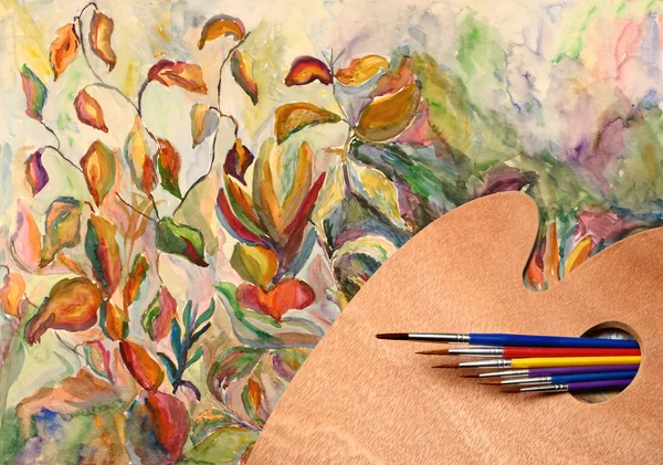 Palette, paint brushes and watercolor scenery — Stock Photo, Image