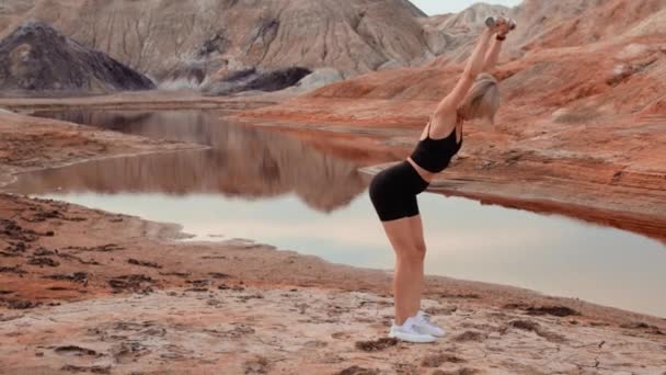 Femme travaillant sur la localité séchée sans vie — Video