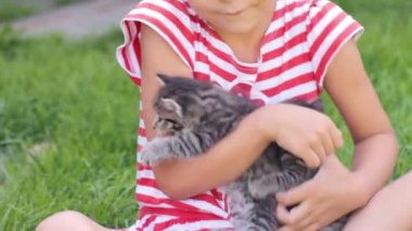 Ellerinde kedi yavruları olan küçük kız