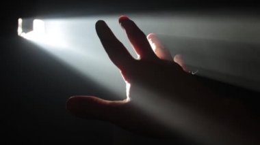 Elini ışık huzmesine karşı tutan adam.