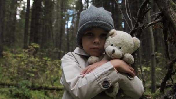 Kleines Mädchen mit Teddybär allein im Wald — Stockvideo