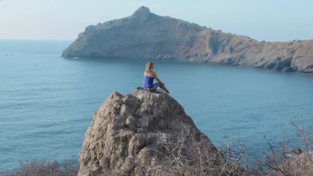 Une femme assise sur un rocher — Video