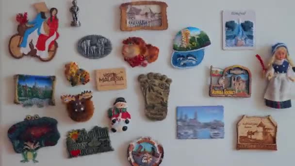 Animation von Souvenir-Magneten auf einem Kühlschrank — Stockvideo