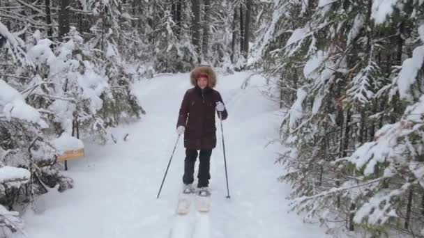 Een vrouw die door diepe sneeuw in het bos loopt — Stockvideo