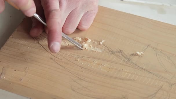 Close-up opname van een houtsnijder op het werk — Stockvideo