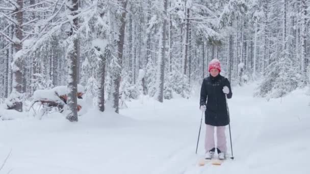 Een vrouw skiën in het bos — Stockvideo