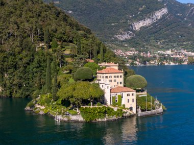 Aerial view of the Villa del Balbianello on the Lake Como