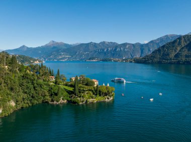 Aerial view of the Villa del Balbianello on the Lake Como, Italy