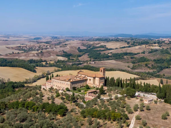 Aerial view of the monastery of SantAnna in Camprena where the film The English Patient takes place, Italy